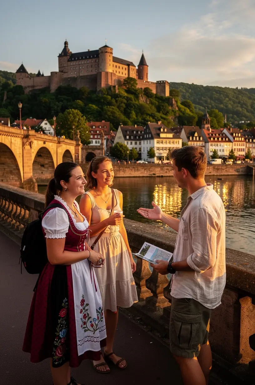 Wanderer stehen an einem Aussichtspunkt und blicken auf ein Tal mit Burgruinen und Flusslauf darunter.